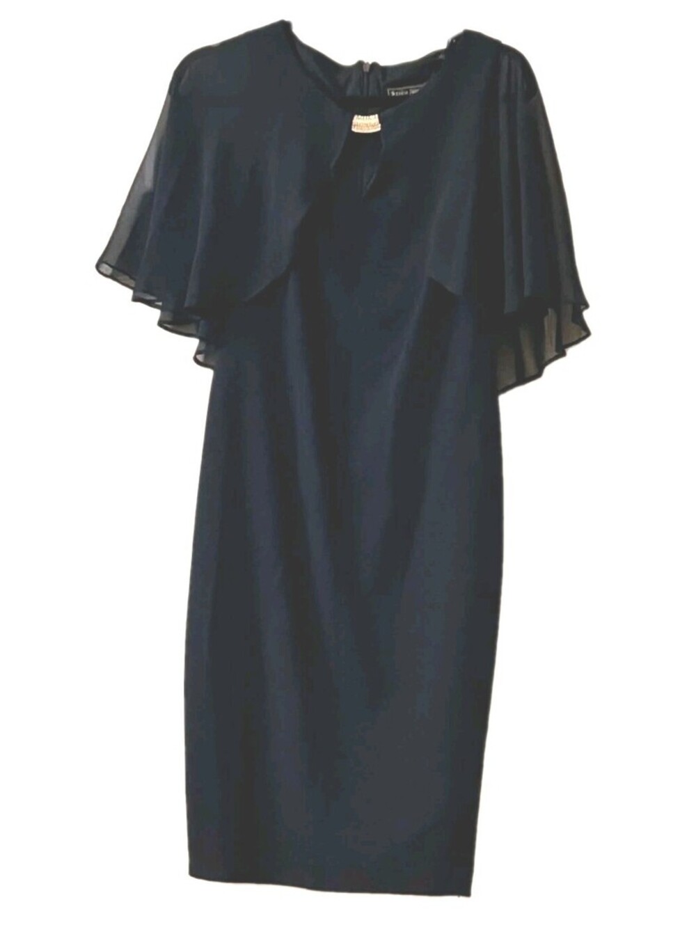 Jessica Howard Chiffon Capelet Sheath Dress Jet Black Size 6 Rhinestone Ornament